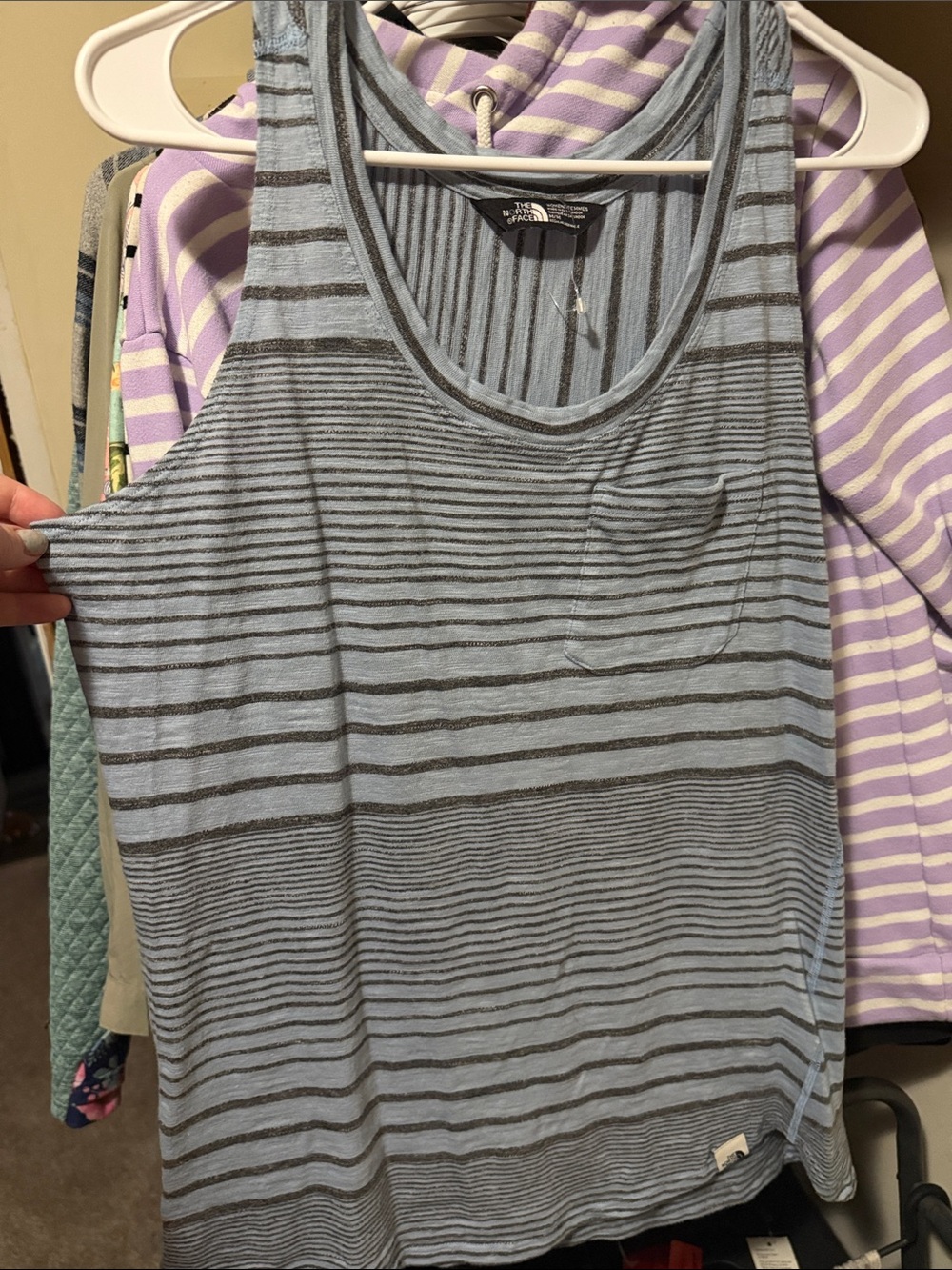 The North Face Women's Light Blue and Gray Striped Scoop Neck Tank